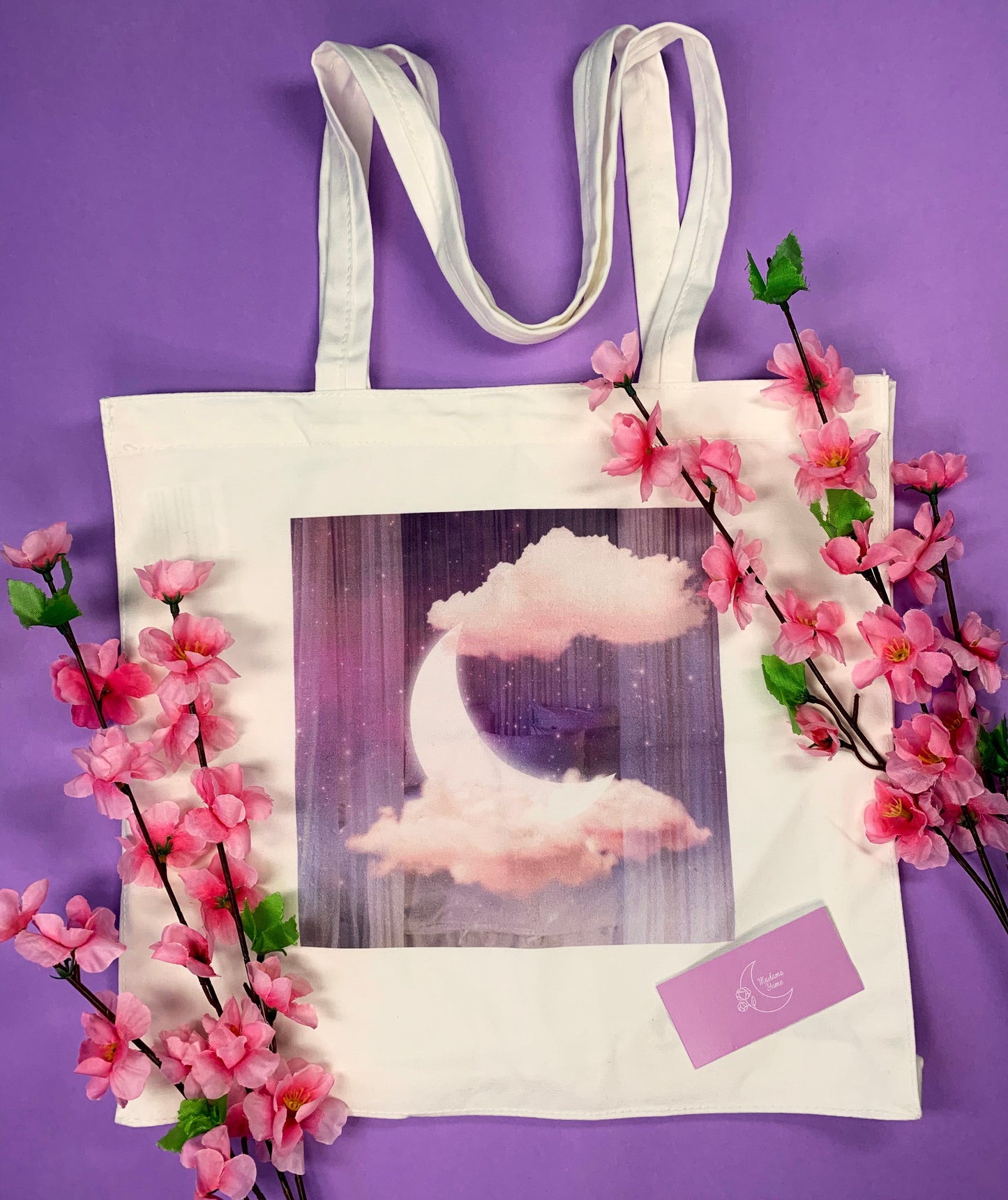 Shopper in cotone con stampa di una romantica luna rosa